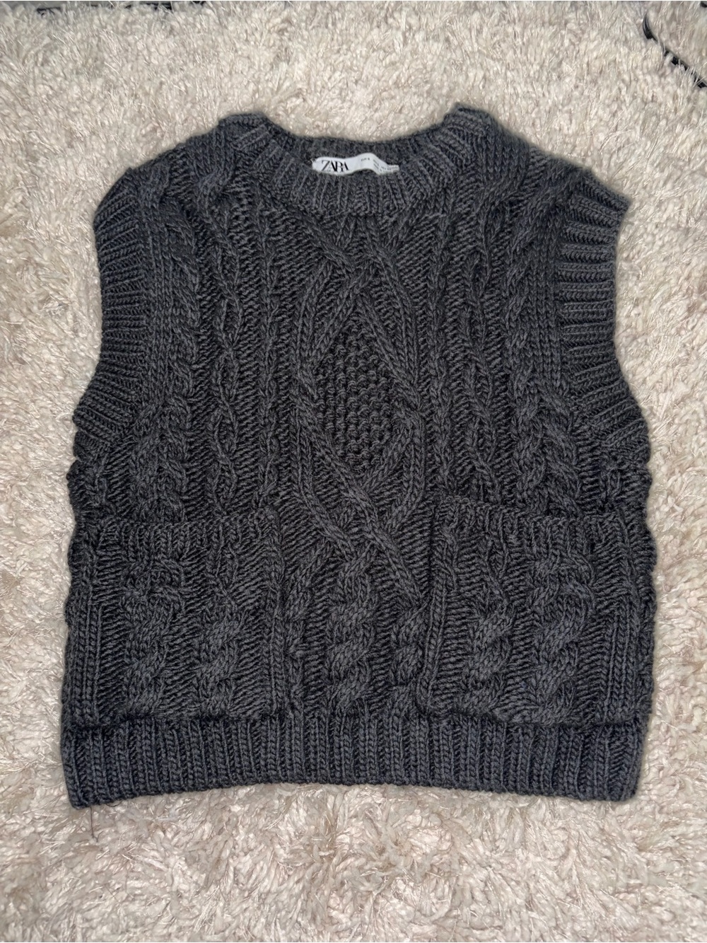 Zara Charcoal Cable Knit Sleeveless V-Neck Sweater